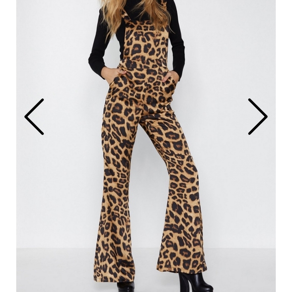 Nasty Gal Pants - Nasty Gal Feline You satin leopard overalls flare